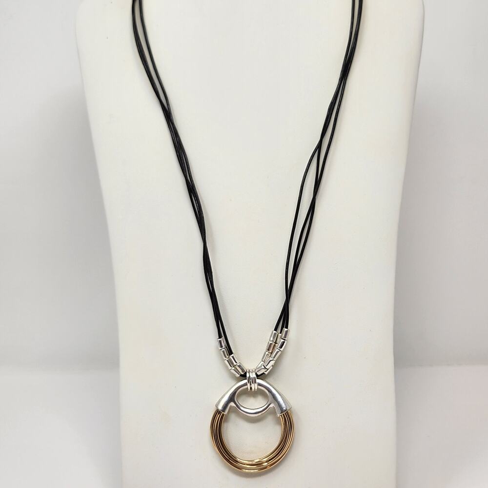 Robert Lee Morris Soho Two Tone Circle Pendant Necklace Black Leather Cord